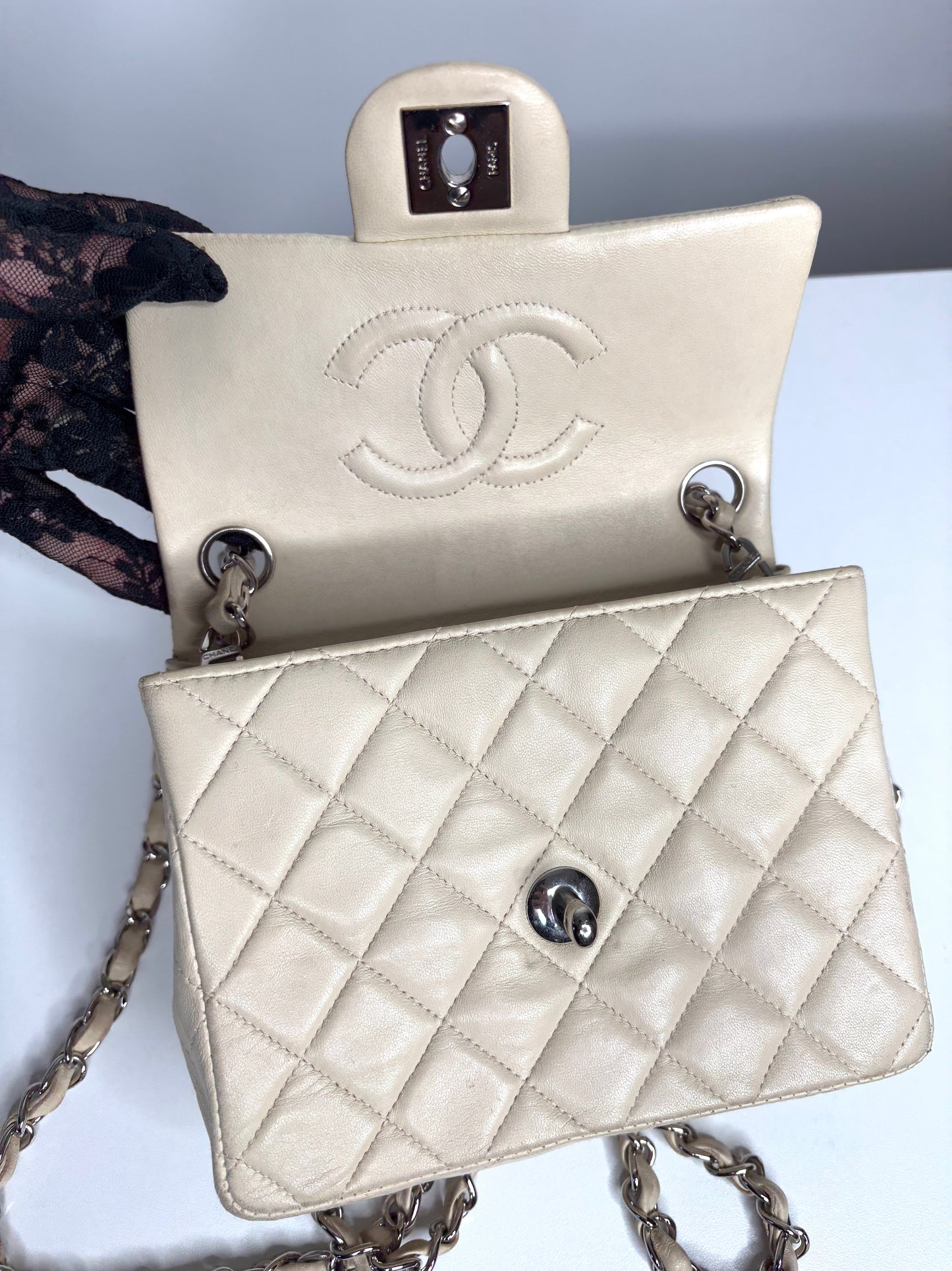 Chanel Mini Flap Square Ivory Lambskin Shoulder Bag - Preloved