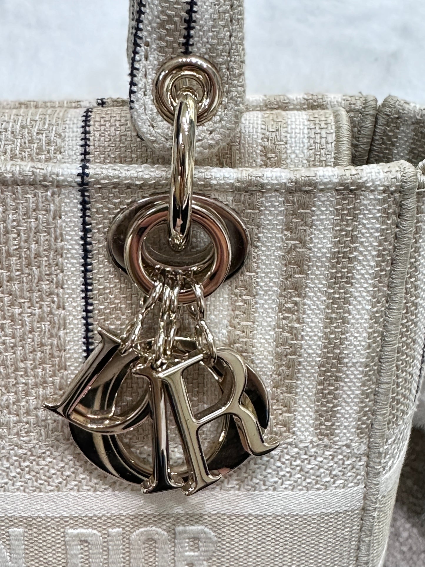 Dior Beige/White Medium Canvas Striped Lady D-Lite