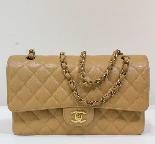 Chanel Medium Caviar Quilted Double Flap Beige Bag 866 Holo