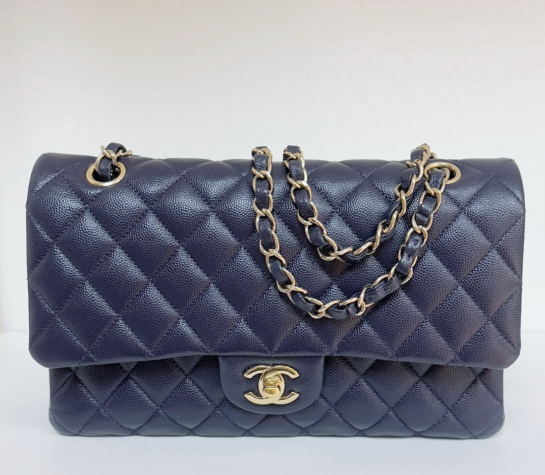 Chanel Medium Classic Caviar Double Flap Navy Blue Bag LSHW  2021year Microchip