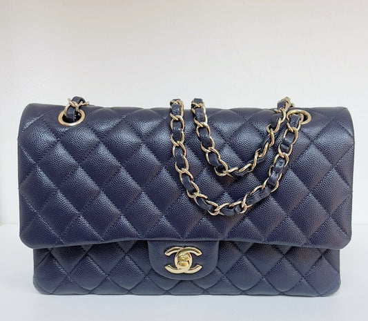 Chanel Medium Classic Caviar Double Flap Navy Blue Bag LSHW  2021year Microchip