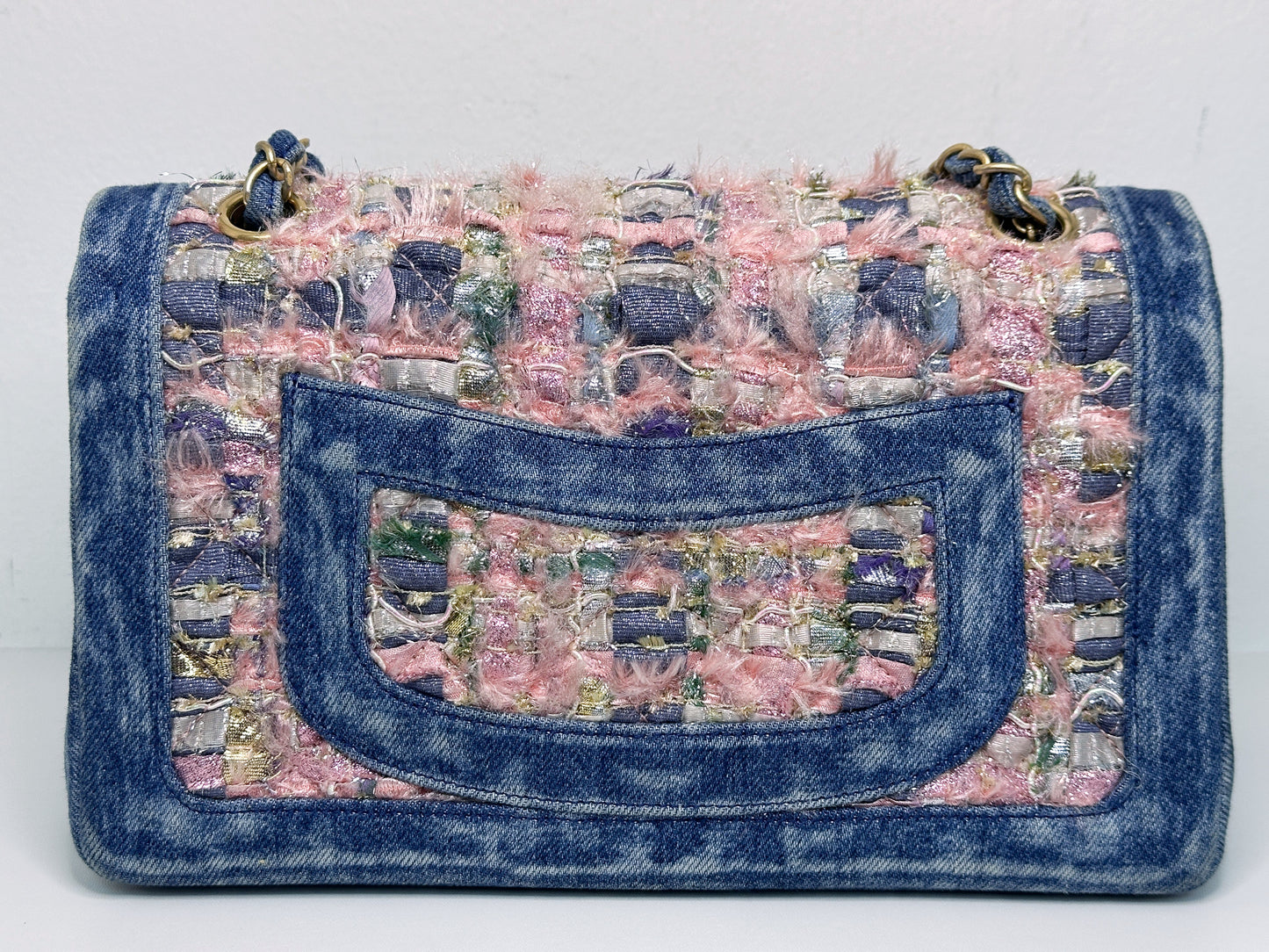 Chanel Pink, Silver, and Gold Tweed and Denim Medium Classic Double Flap Gold Hardware, 2016