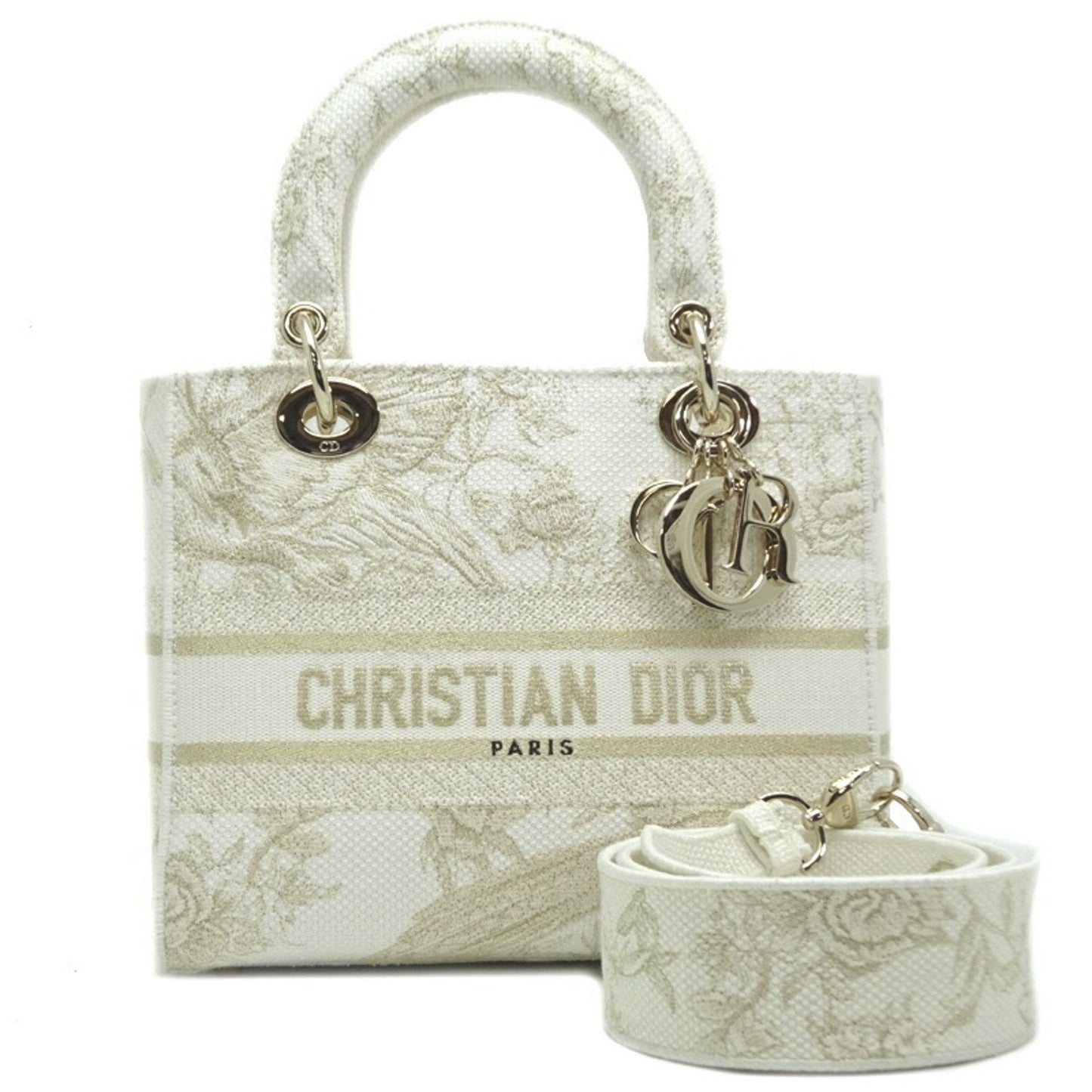 CHRISTIAN DIOR Lady D-LITE Medium 2022 Limited Ladies Handbag Toile White/Gold