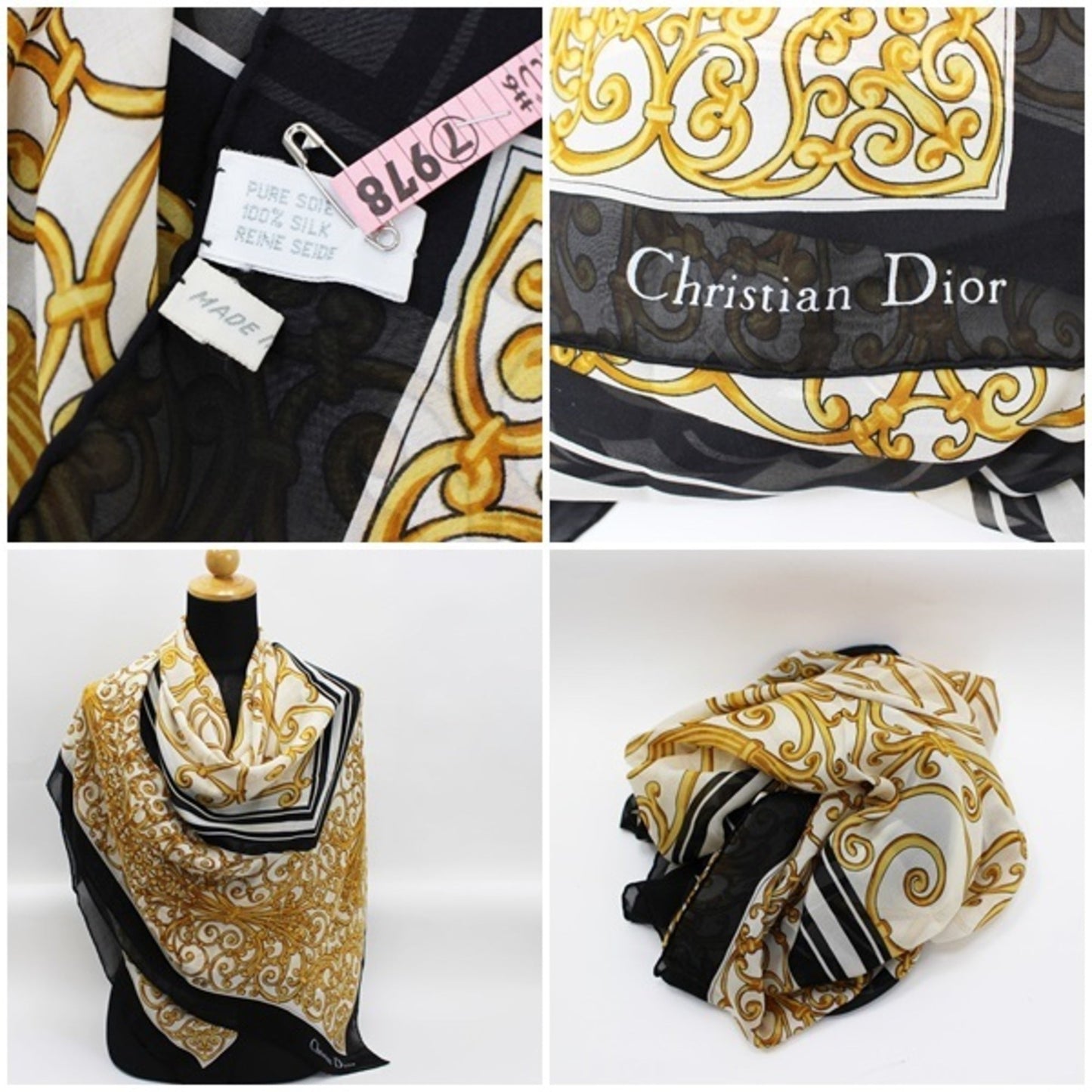CHRISTIAN DIOR Large Silk Scarf Muffler Black x White Chiffon Women's