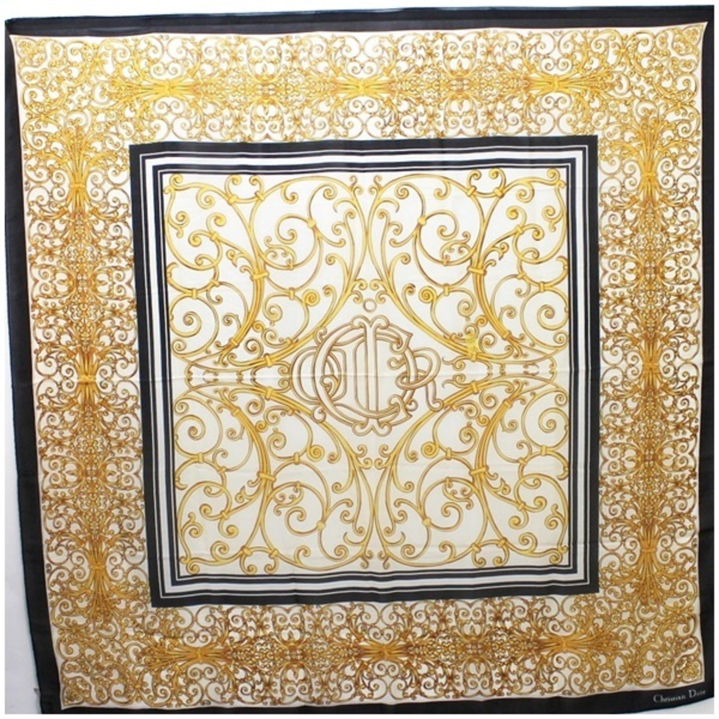 CHRISTIAN DIOR Large Silk Scarf Muffler Black x White Chiffon Women's