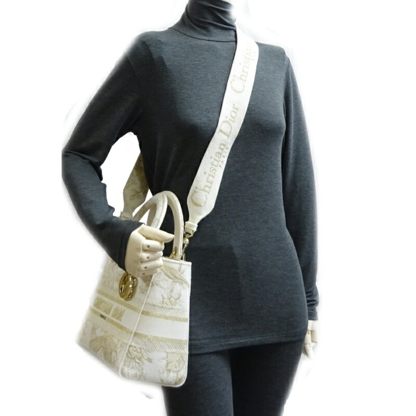 CHRISTIAN DIOR Lady D-LITE Medium 2022 Limited Ladies Handbag Toile White/Gold