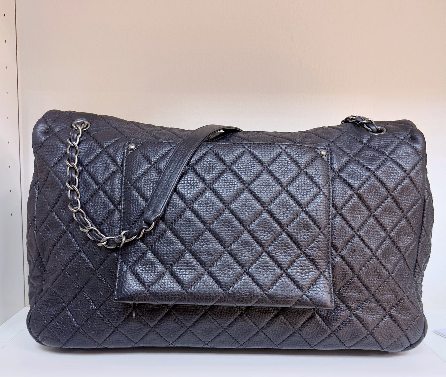 Chanel Calfskin Quilted XXL Travel Flap Bag Black 3038 holo card