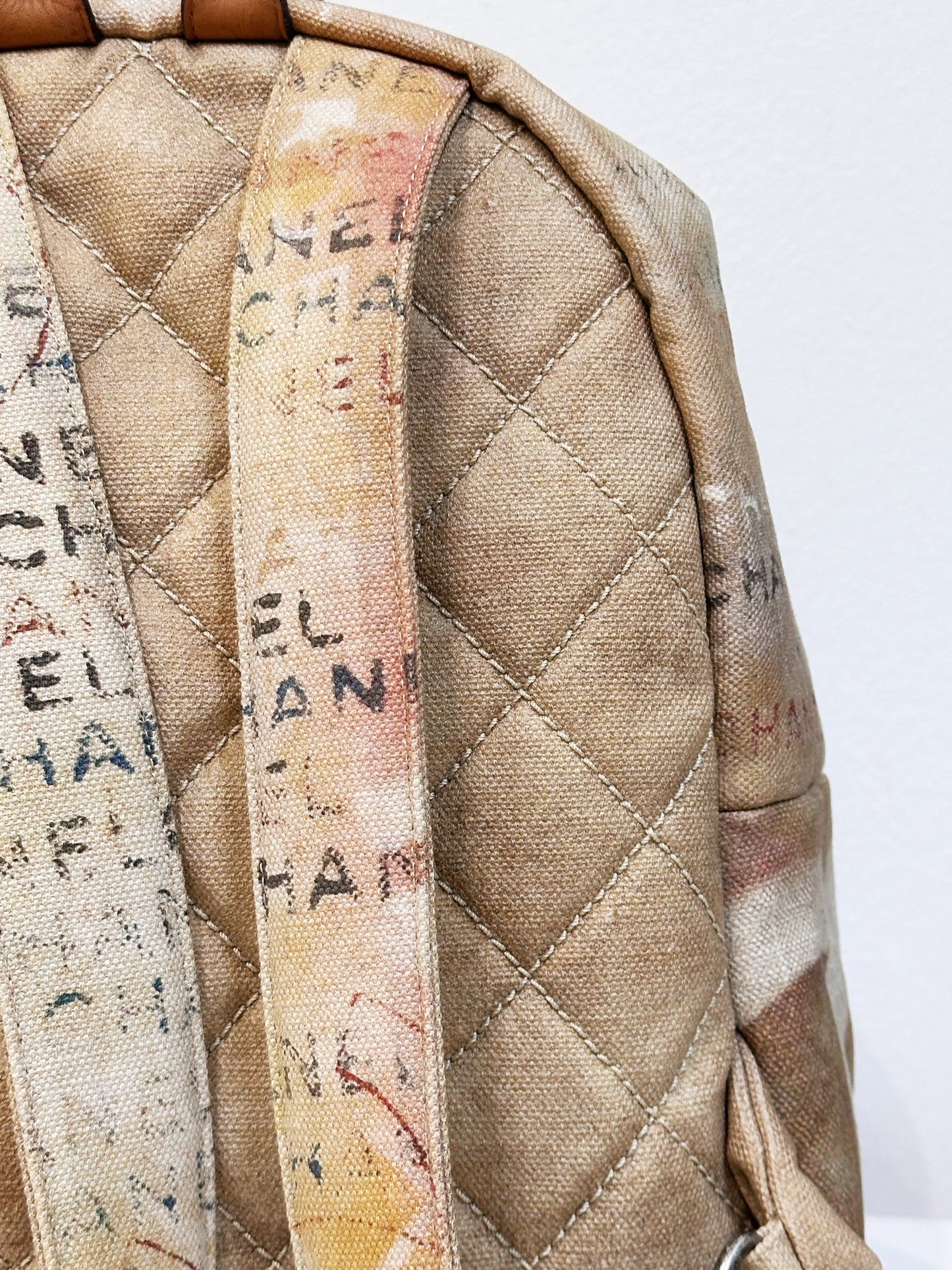 Chanel Graffiti Printed Canvas Medium Backpack Beige 1958 holo card