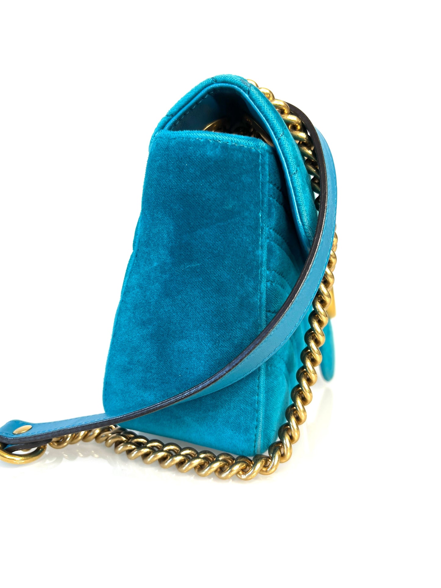 Gucci GG Marmont Small Turquoise Blue Velvet Shoulder Bag - Preloved