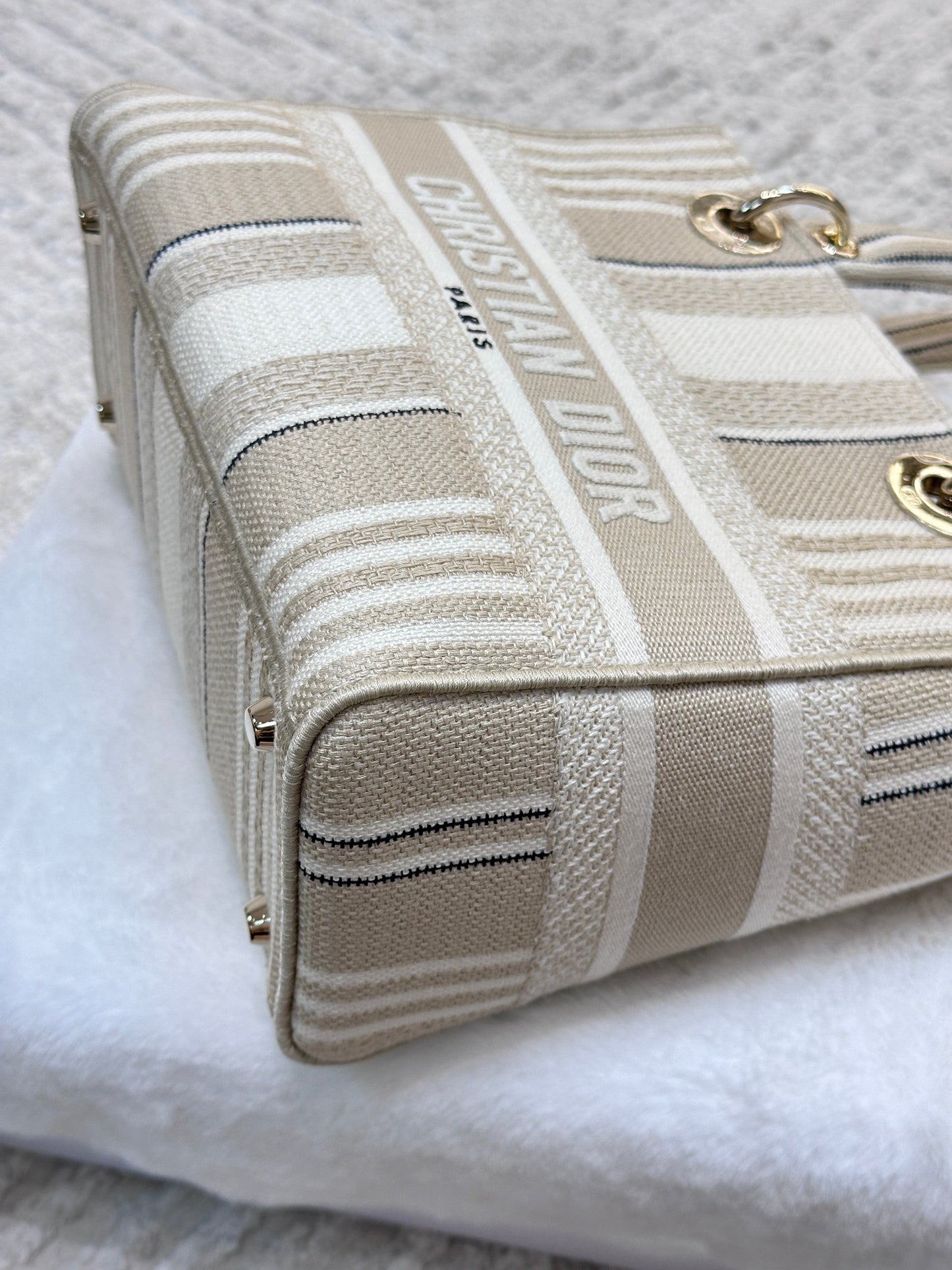 Dior Beige/White Medium Canvas Striped Lady D-Lite