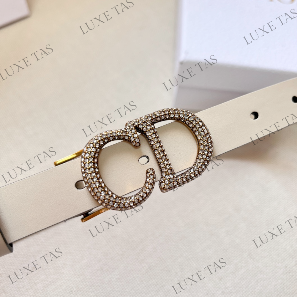 20mm Latte Ultrasmooth Calfskin and White Crystals Saddle Belt Designer Belts for Women