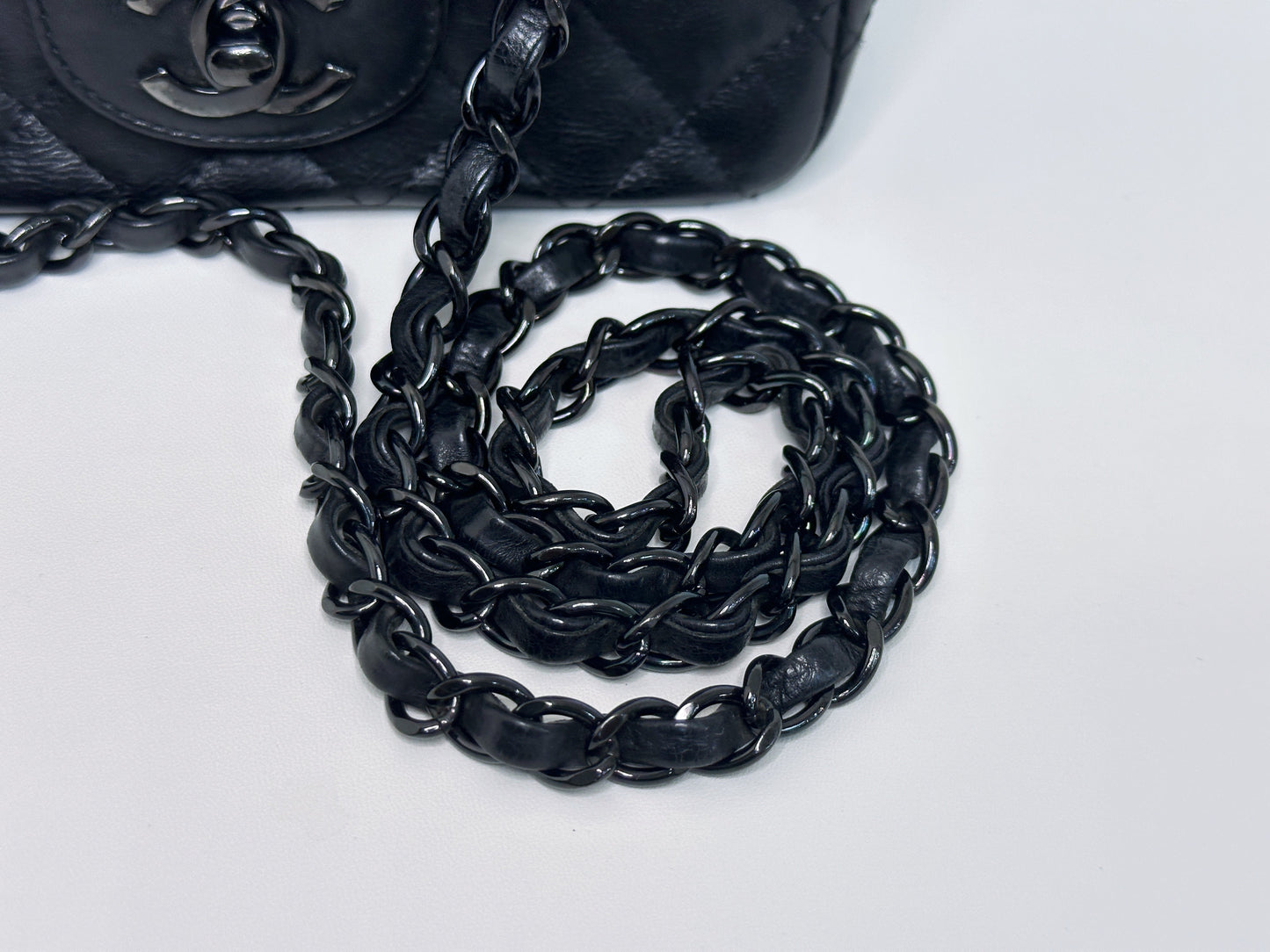 Chanel Quilted Mini Square Flap So Black Crumpled Calfskin 2417 holo card