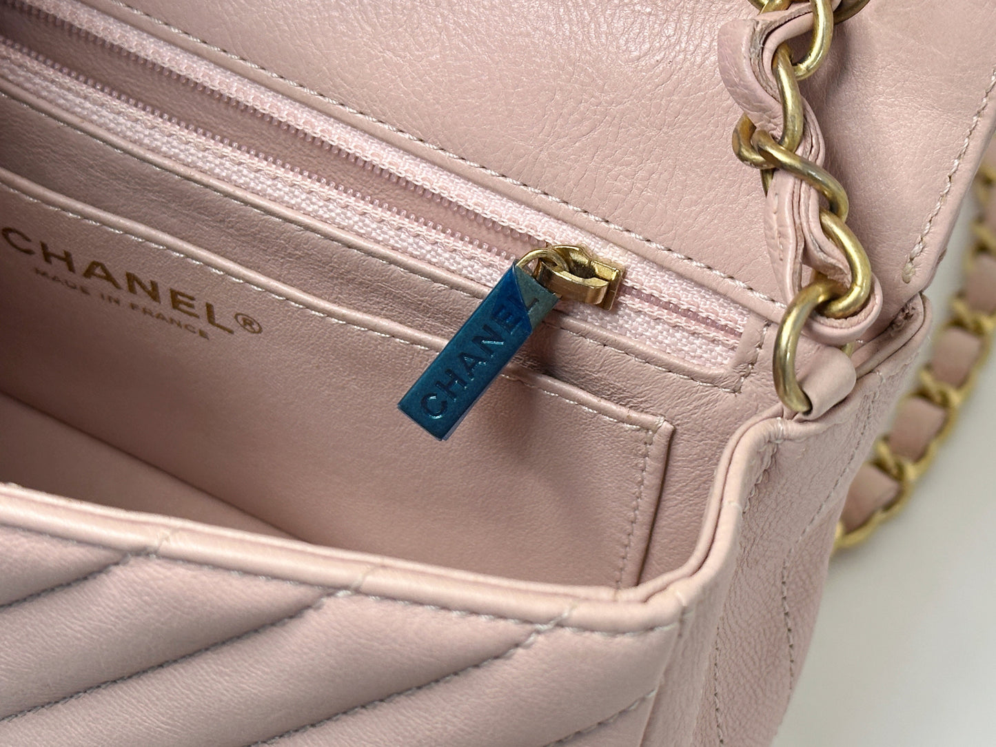 Chanel Classic Mini Rectangular 17C Light Pink Chevron Calfskin with brushed gold hardware ⁣⁣2383 holo card