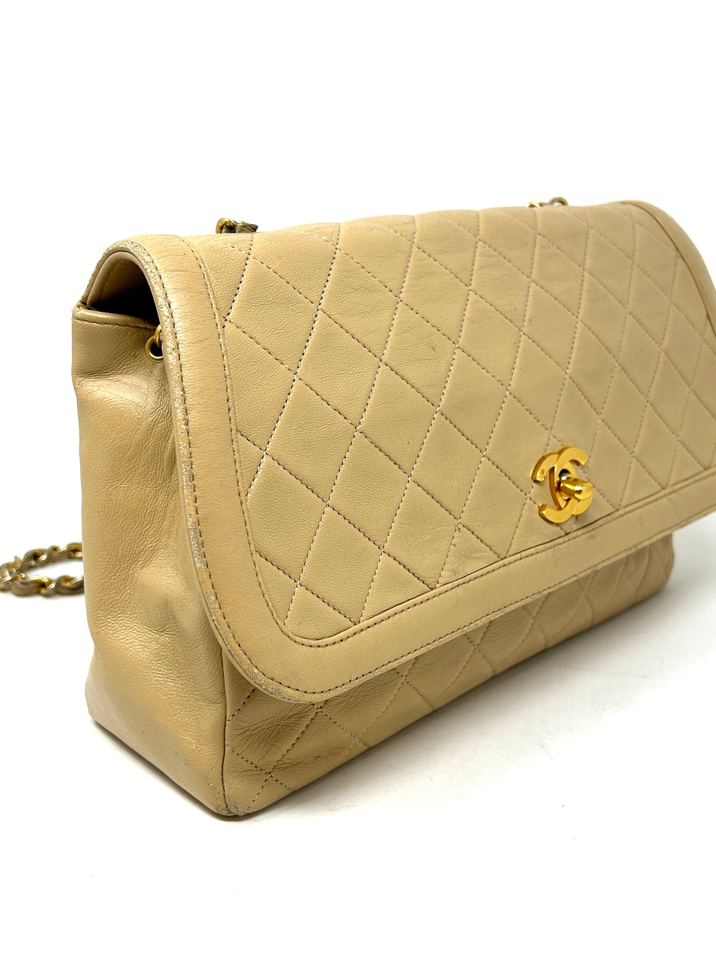 Chanel Beige Quilted Leather CC Logo Flap Shoulder Bag 24K Gold Plated - Preloved