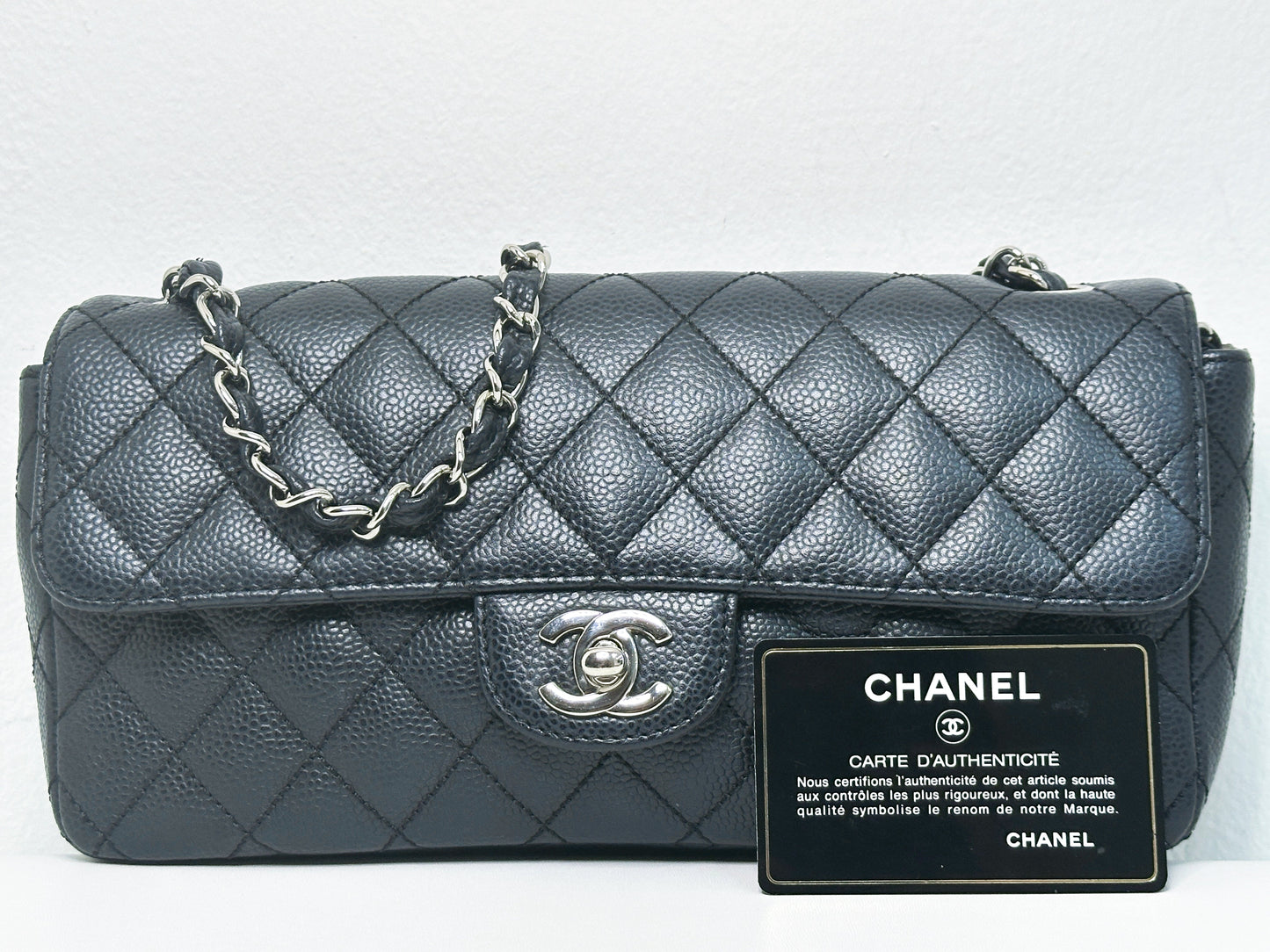Chanel Caviar East West Flap Bag Black SHW 1131 holo card