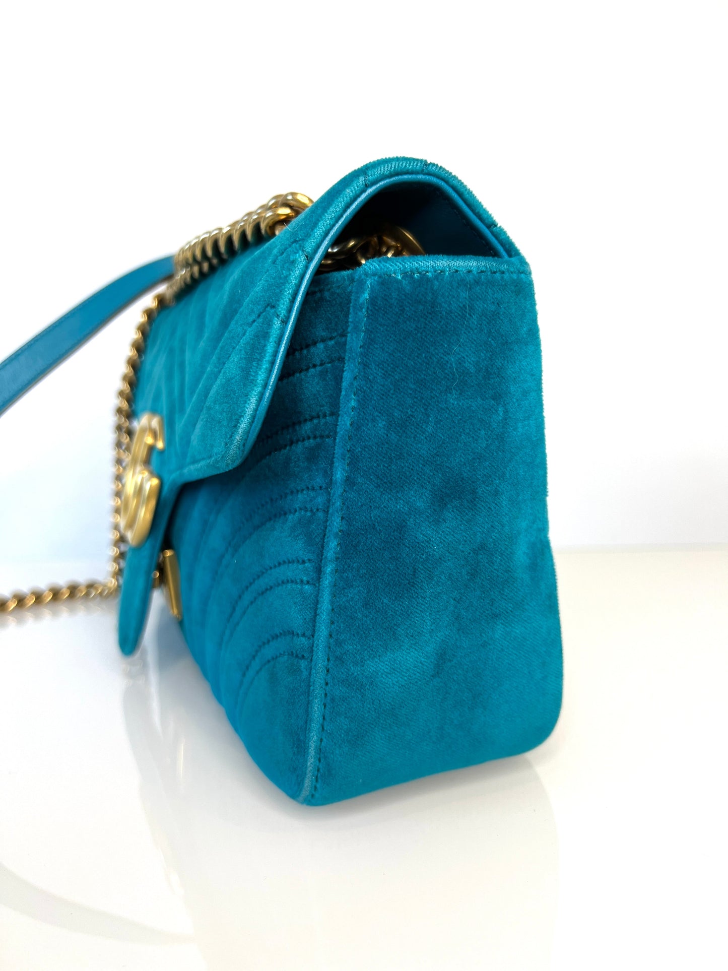 Gucci GG Marmont Small Turquoise Blue Velvet Shoulder Bag - Preloved