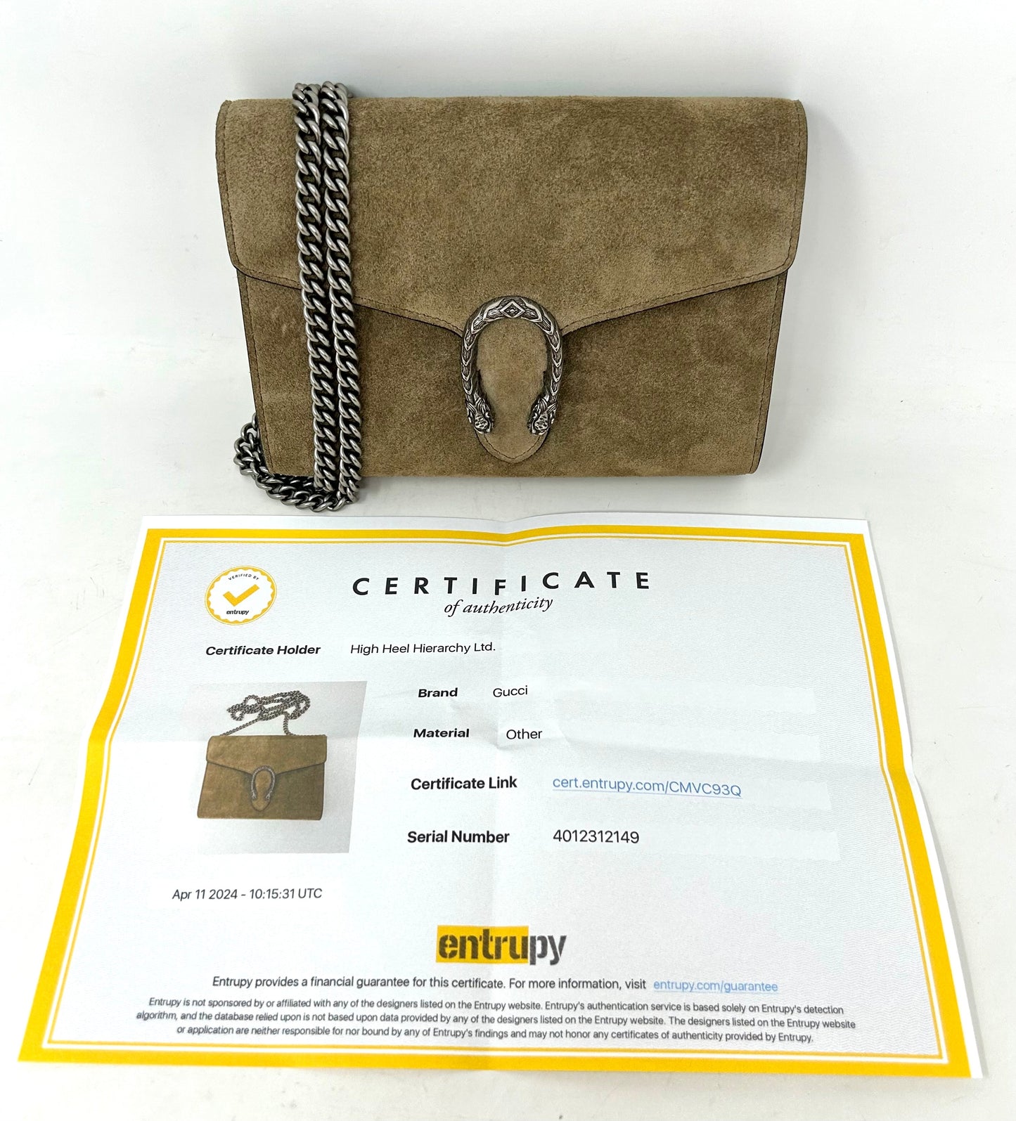 Gucci Dionysus Taupe Suede Chain Wallet Handbag