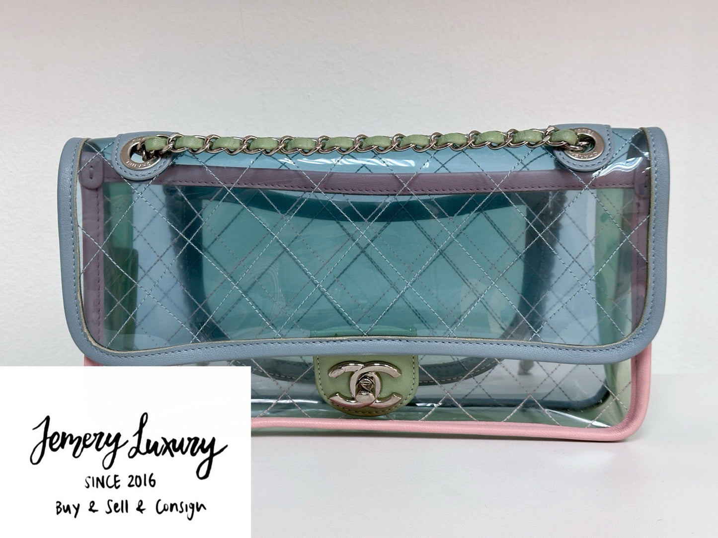 Chanel Coco Splash PVC Medium Flap Bag Pink/Blue/Green Holo card 2569
