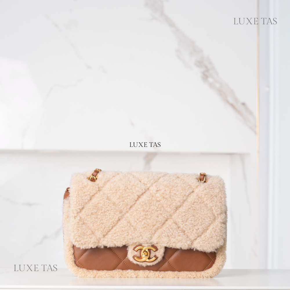 24K Teddy Bear-Shearling Flap Bag Leather Handbag for Women