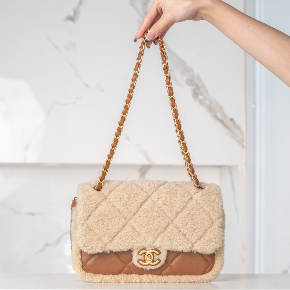 24K Teddy Bear-Shearling Flap Bag Leather Handbag for Women