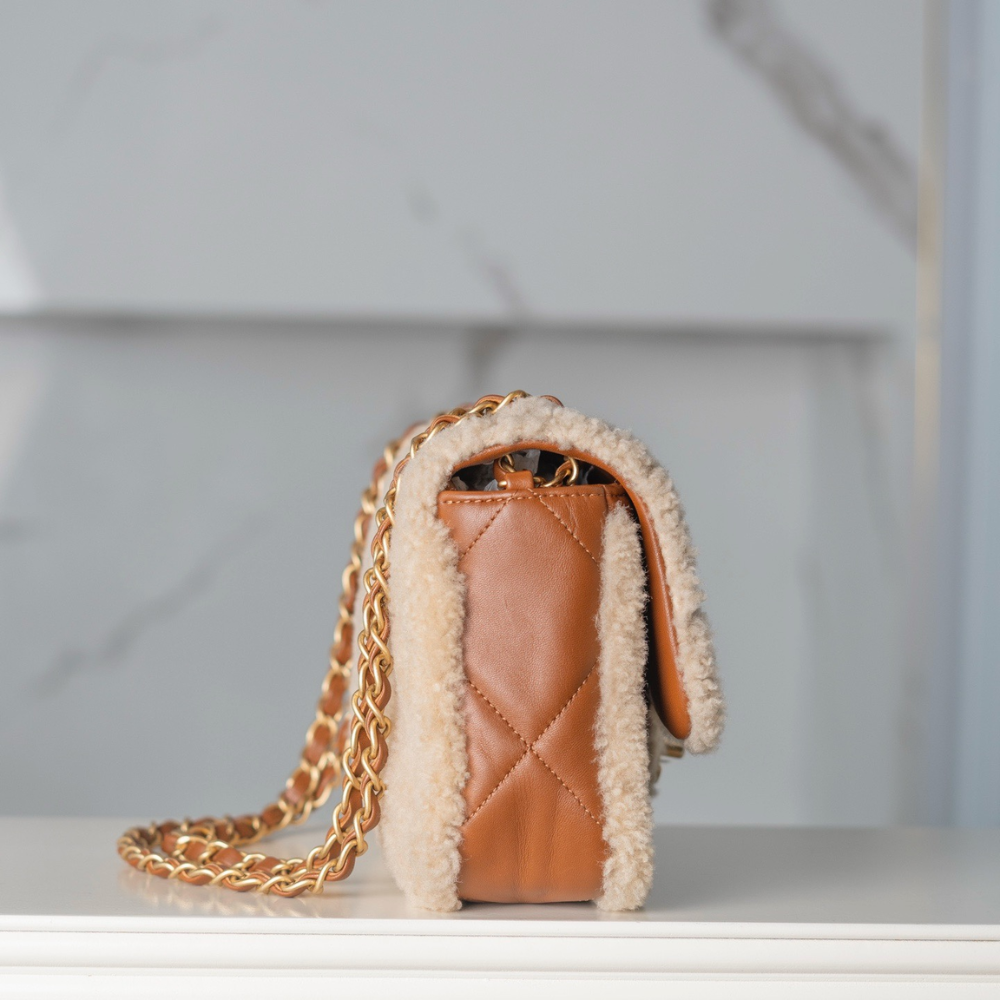 24K Teddy Bear-Shearling Flap Bag Leather Handbag for Women