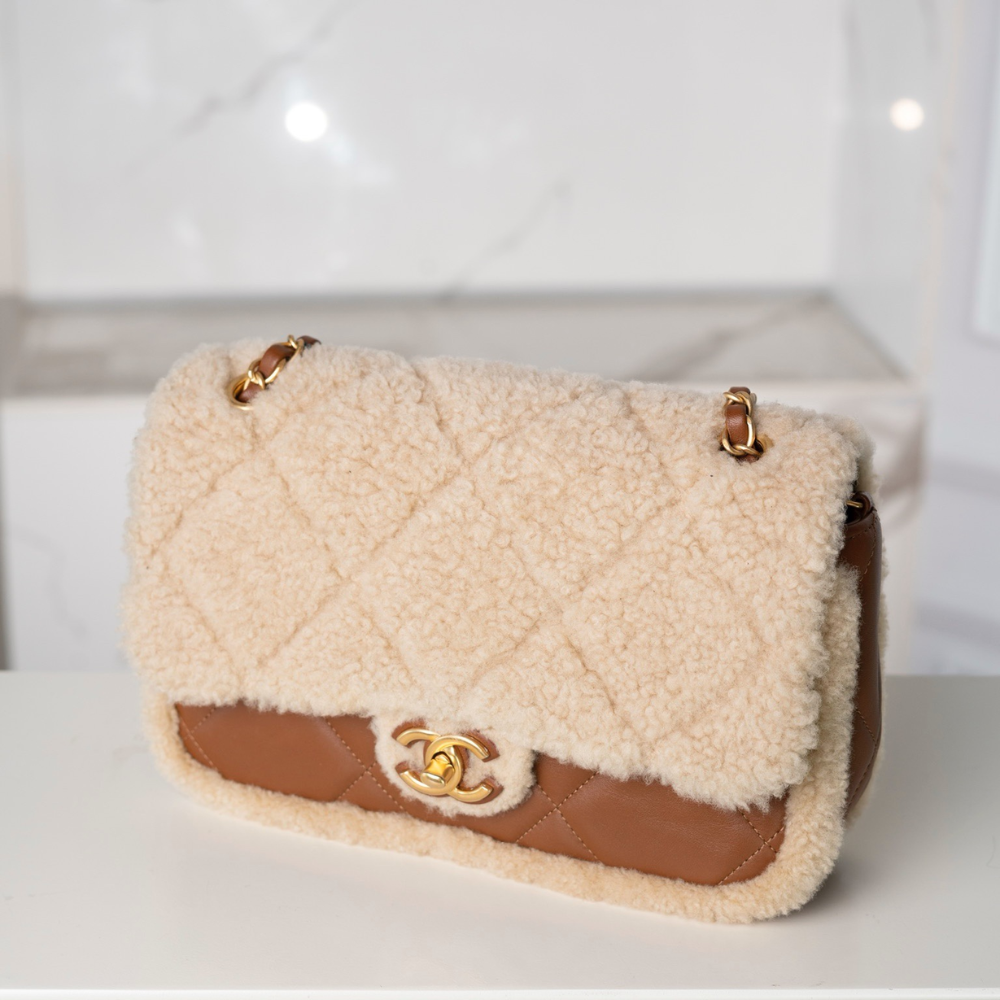 24K Teddy Bear-Shearling Flap Bag Leather Handbag for Women