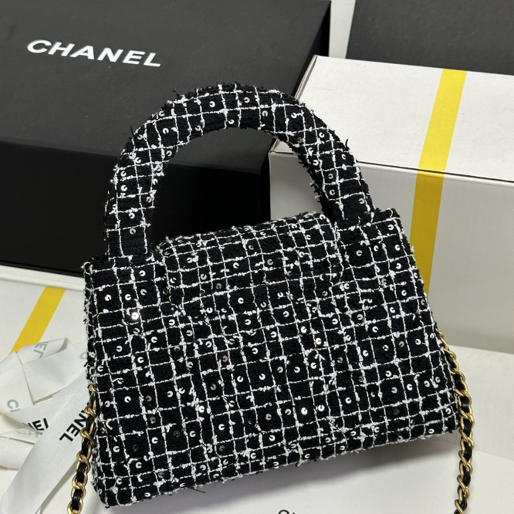 24P Kelly Tweed Sequins Black Designer Handbag for Women