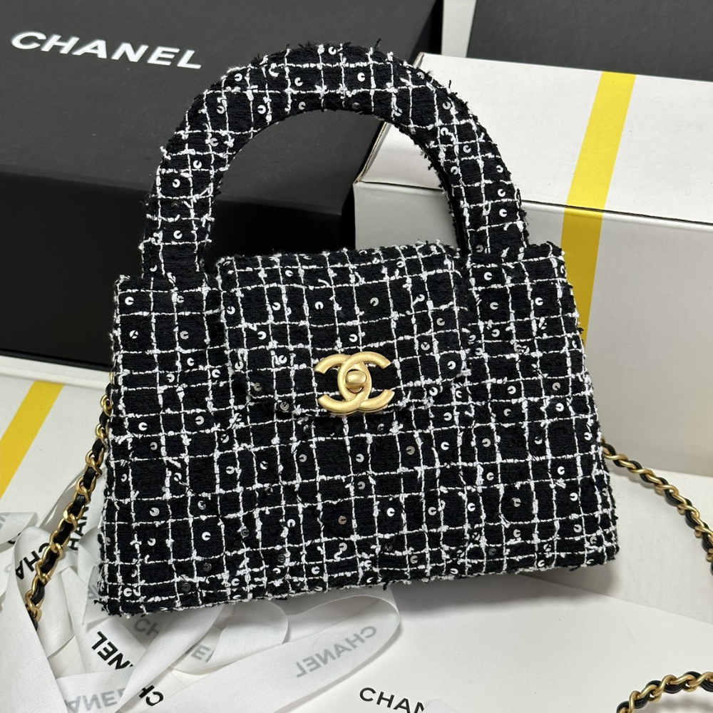 24P Kelly Tweed Sequins Black Designer Handbag for Women