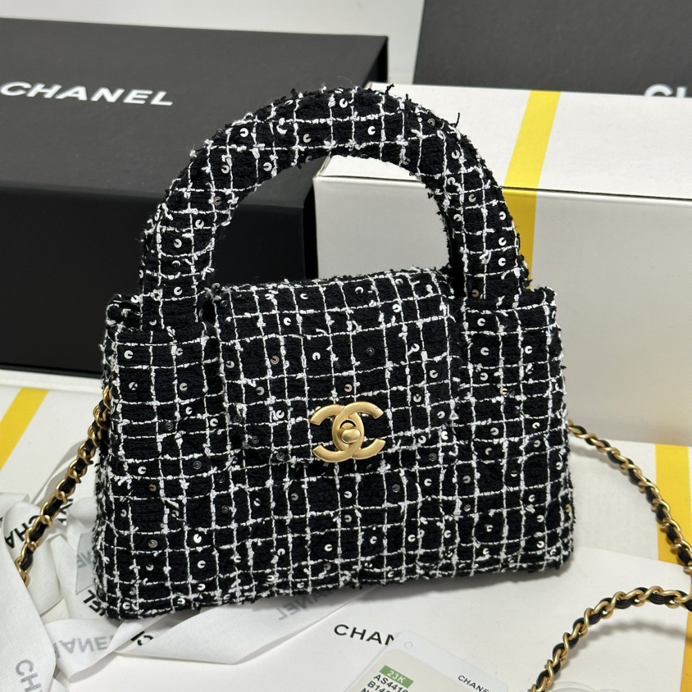 24P Kelly Tweed Sequins Black Designer Handbag for Women