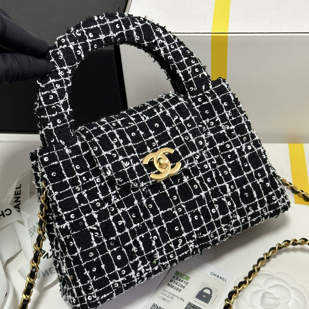 24P Kelly Tweed Sequins Black Designer Handbag for Women