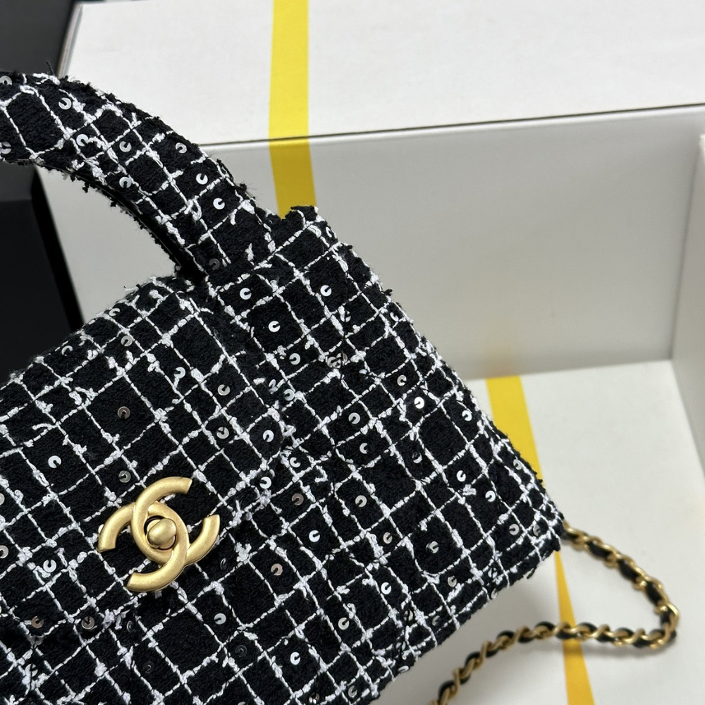 24P Kelly Tweed Sequins Black Designer Handbag for Women