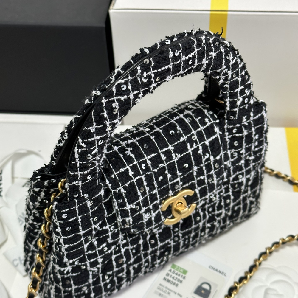 24P Kelly Tweed Sequins Black Designer Handbag for Women