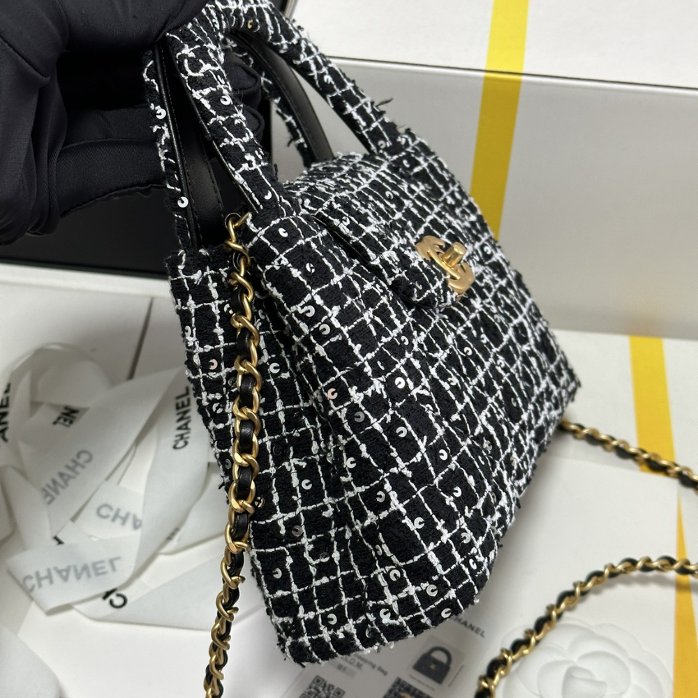24P Kelly Tweed Sequins Black Designer Handbag for Women