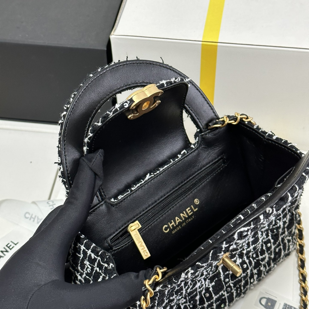 24P Kelly Tweed Sequins Black Designer Handbag for Women