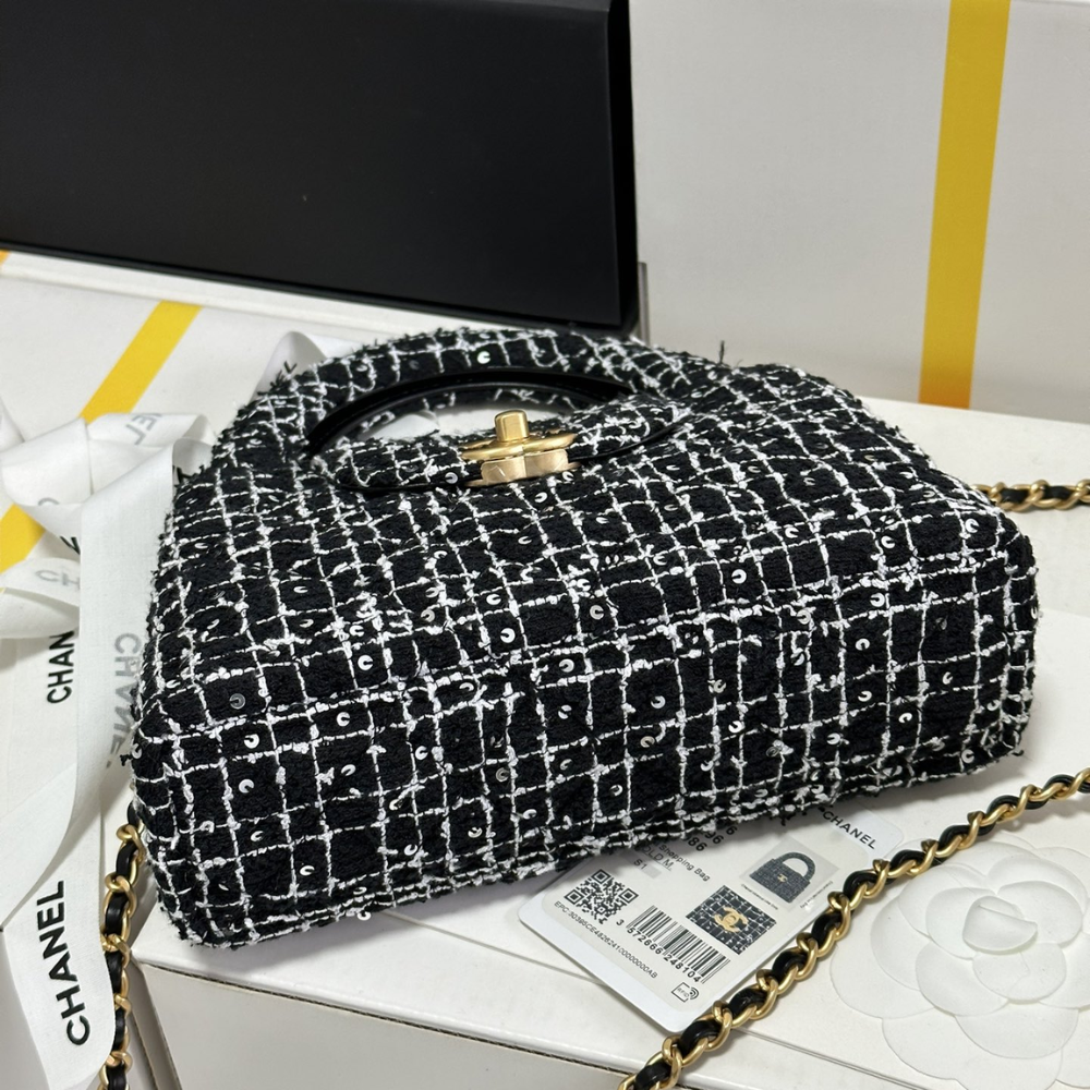 24P Kelly Tweed Sequins Black Designer Handbag for Women