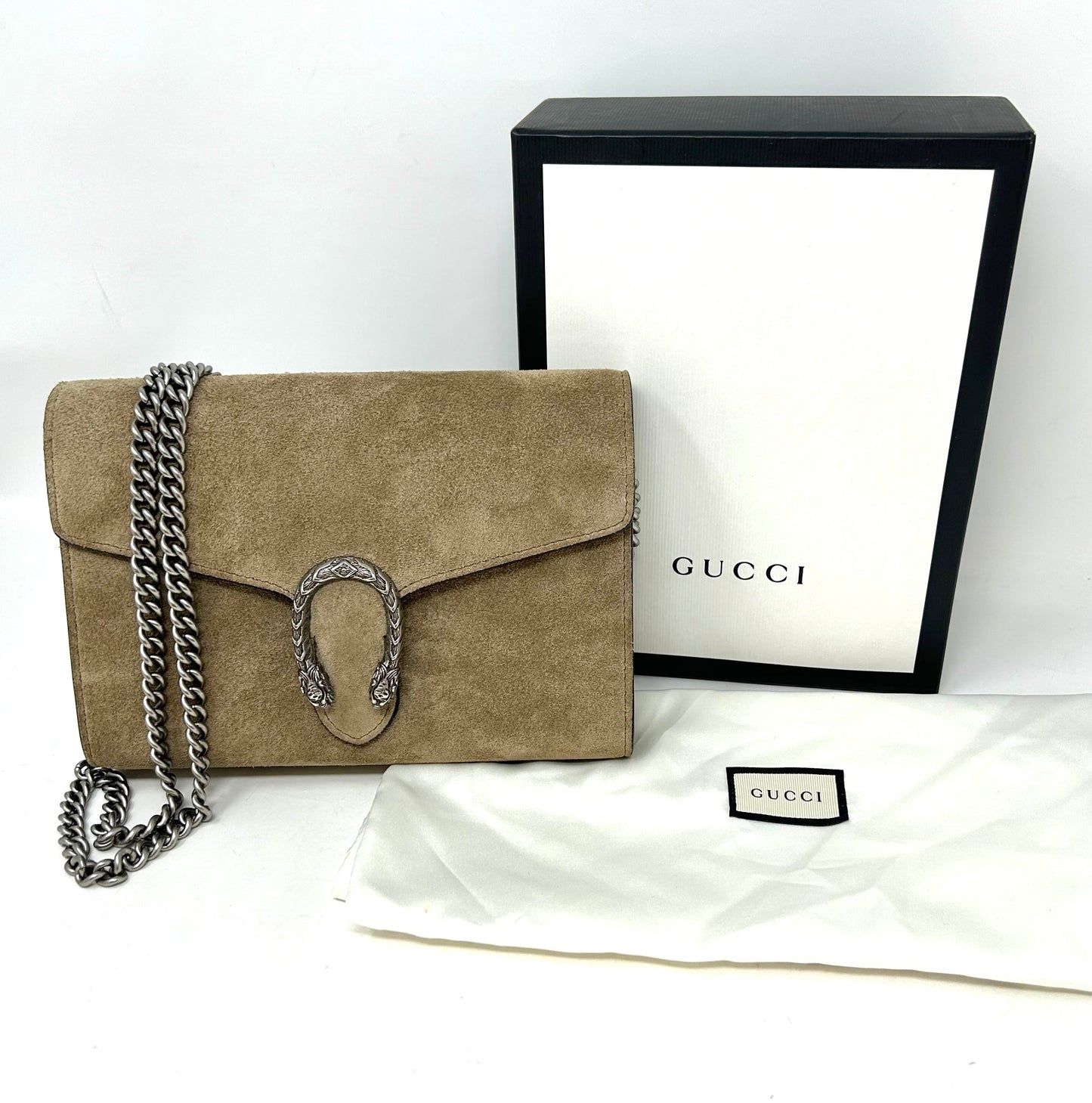 Gucci Dionysus Taupe Suede Chain Wallet Handbag