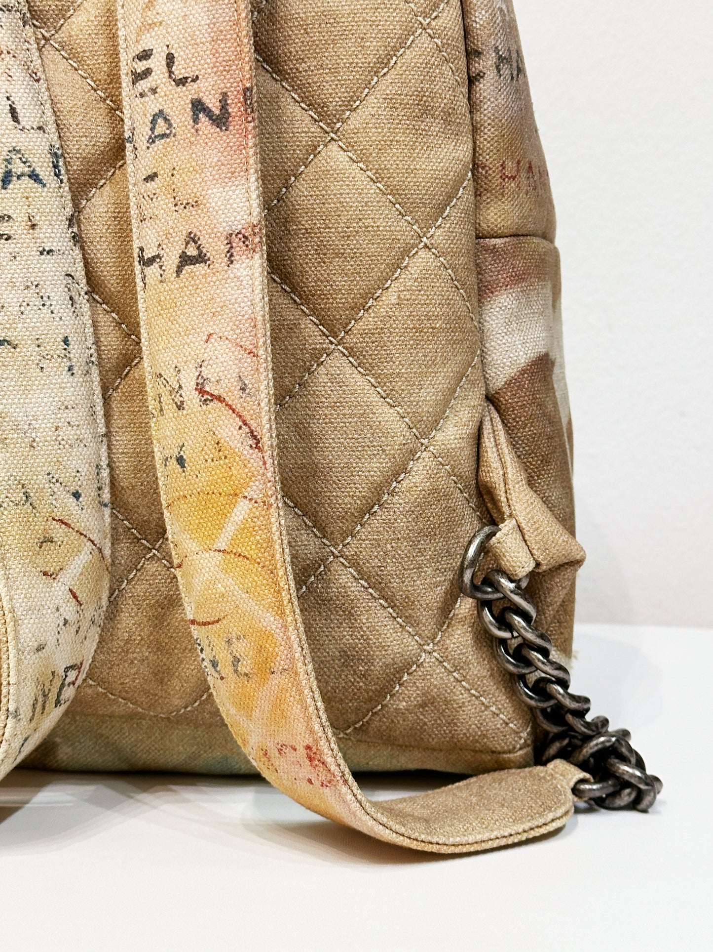 Chanel Graffiti Printed Canvas Medium Backpack Beige 1958 holo card