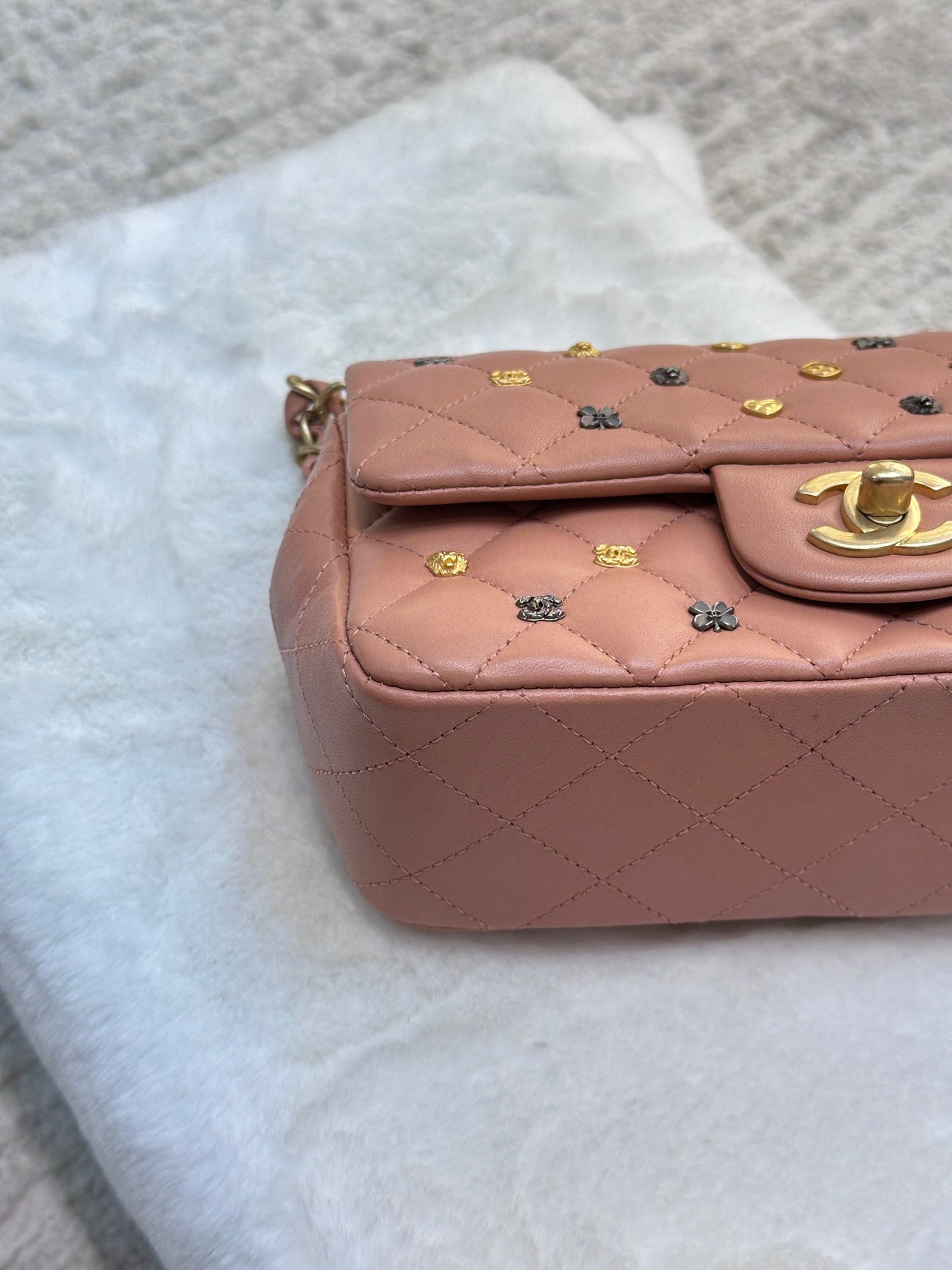 Chanel 2018 Blush Beige Mini Flap Bag with Lucky Charms Stud Embellishment