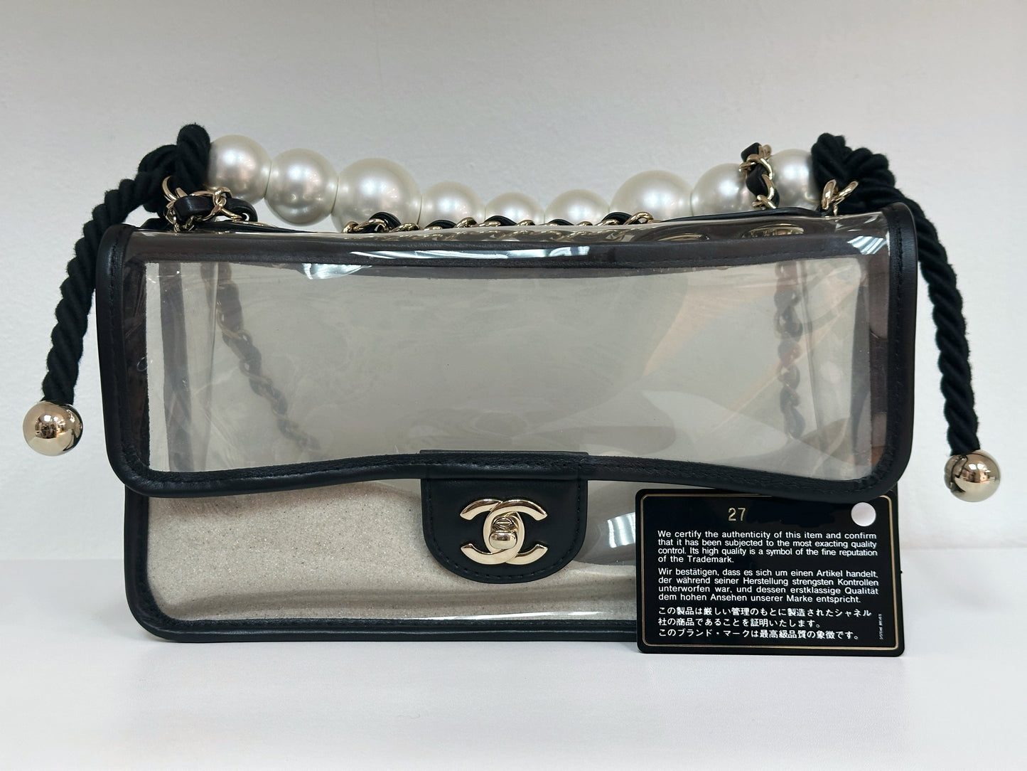 Chanel Medium Lambskin CoCo Sand PVC Sand By The Sea Flap With Pearl Strap Black 2745 holo card