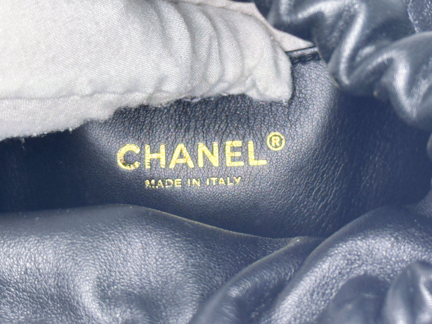 Chanel Drawstring Bucket Bag Quilted Black Caviar Aged Gold Hardware 3088 holo card