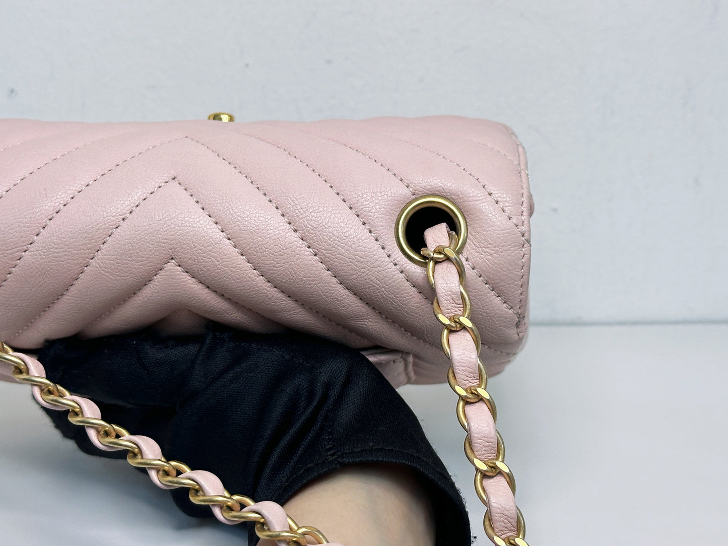 Chanel Classic Mini Rectangular 17C Light Pink Chevron Calfskin with brushed gold hardware ⁣⁣2383 holo card