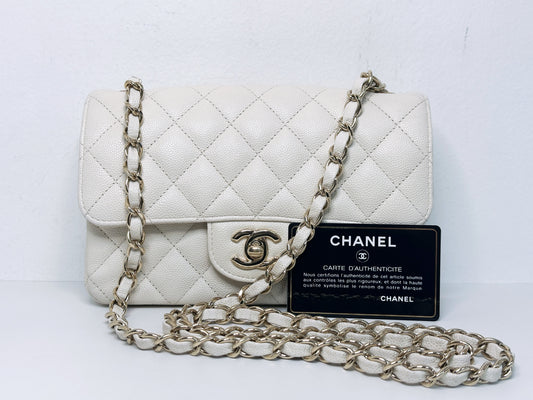 Chanel Mini Rectangular Caviar Classic White GHW 2382 holo card