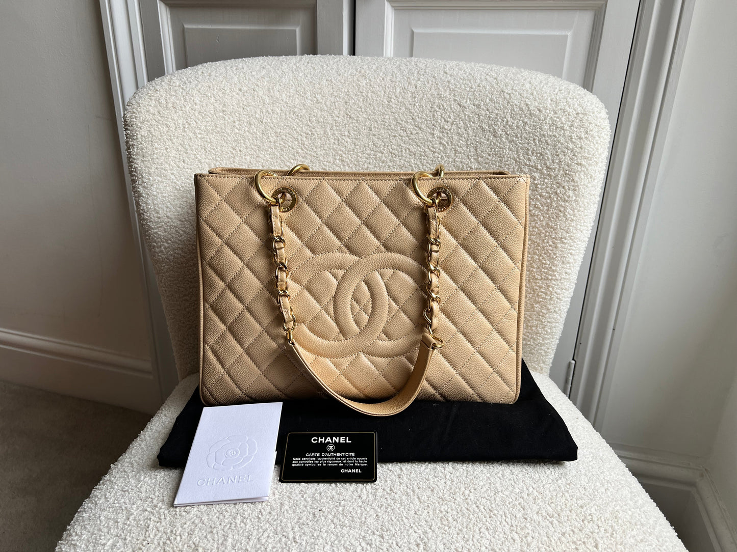 Chanel Beige Caviar Grand Shopper Tote gold hardware (GST)