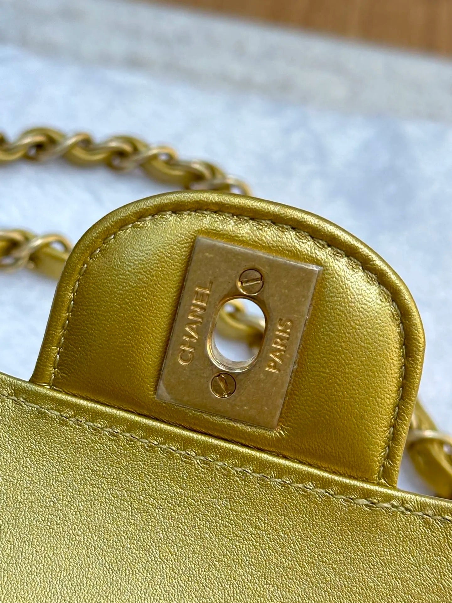 Chanel Medium  Calfskin Crocodile Embossed  Gold Metallic Flap Bag