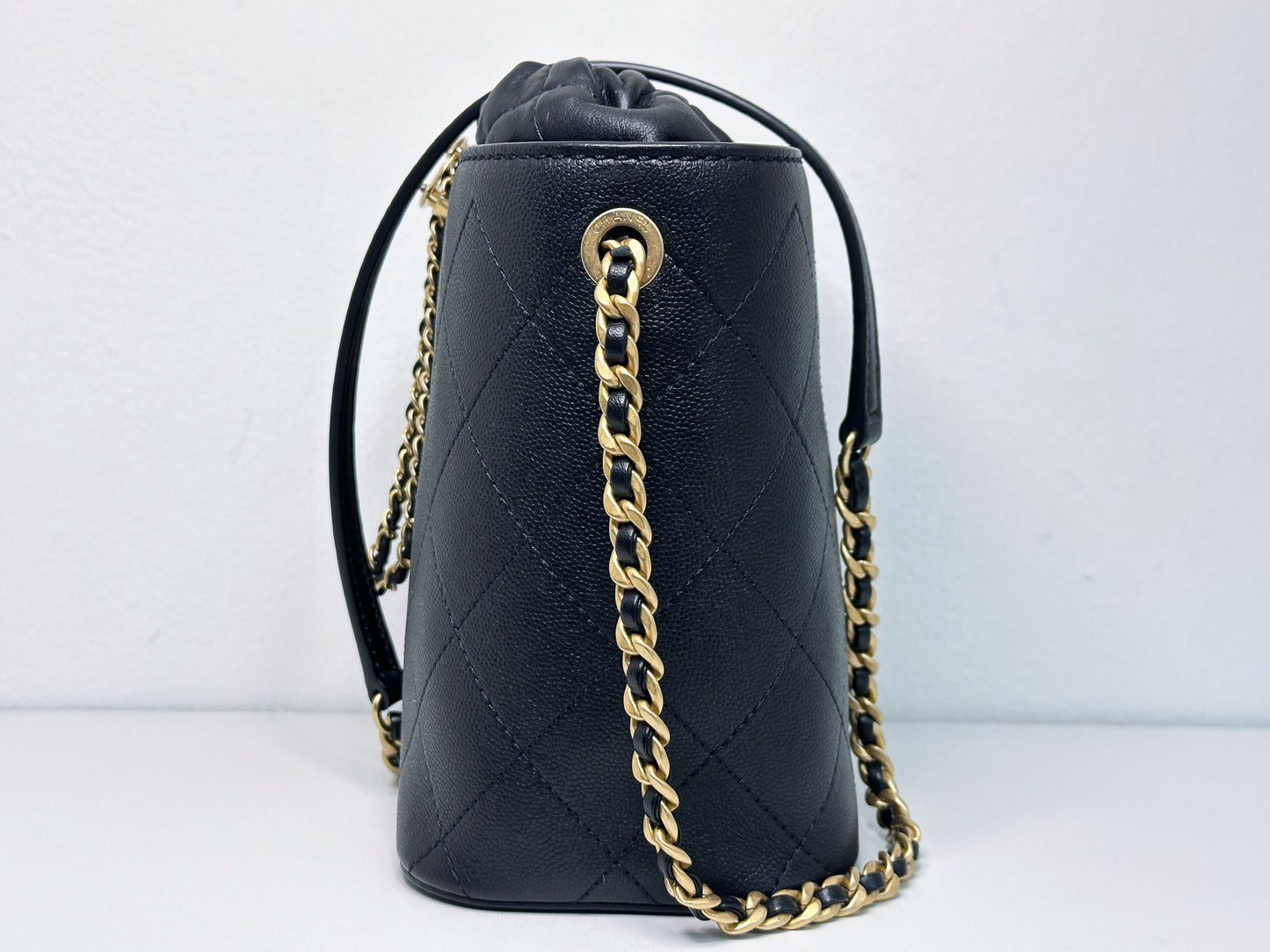Chanel Drawstring Bucket Bag Quilted Black Caviar Aged Gold Hardware 3088 holo card