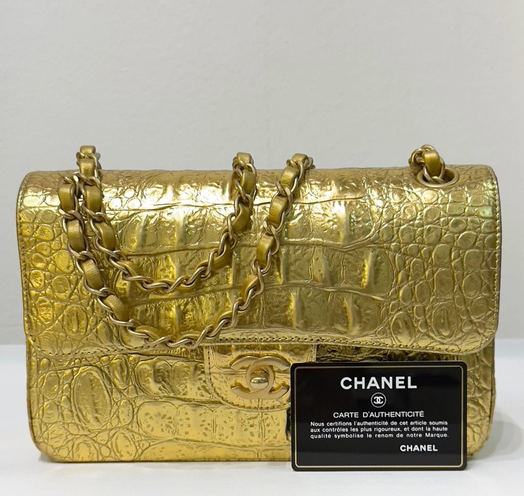 Chanel Medium  Calfskin Crocodile Embossed  Gold Metallic Flap Bag