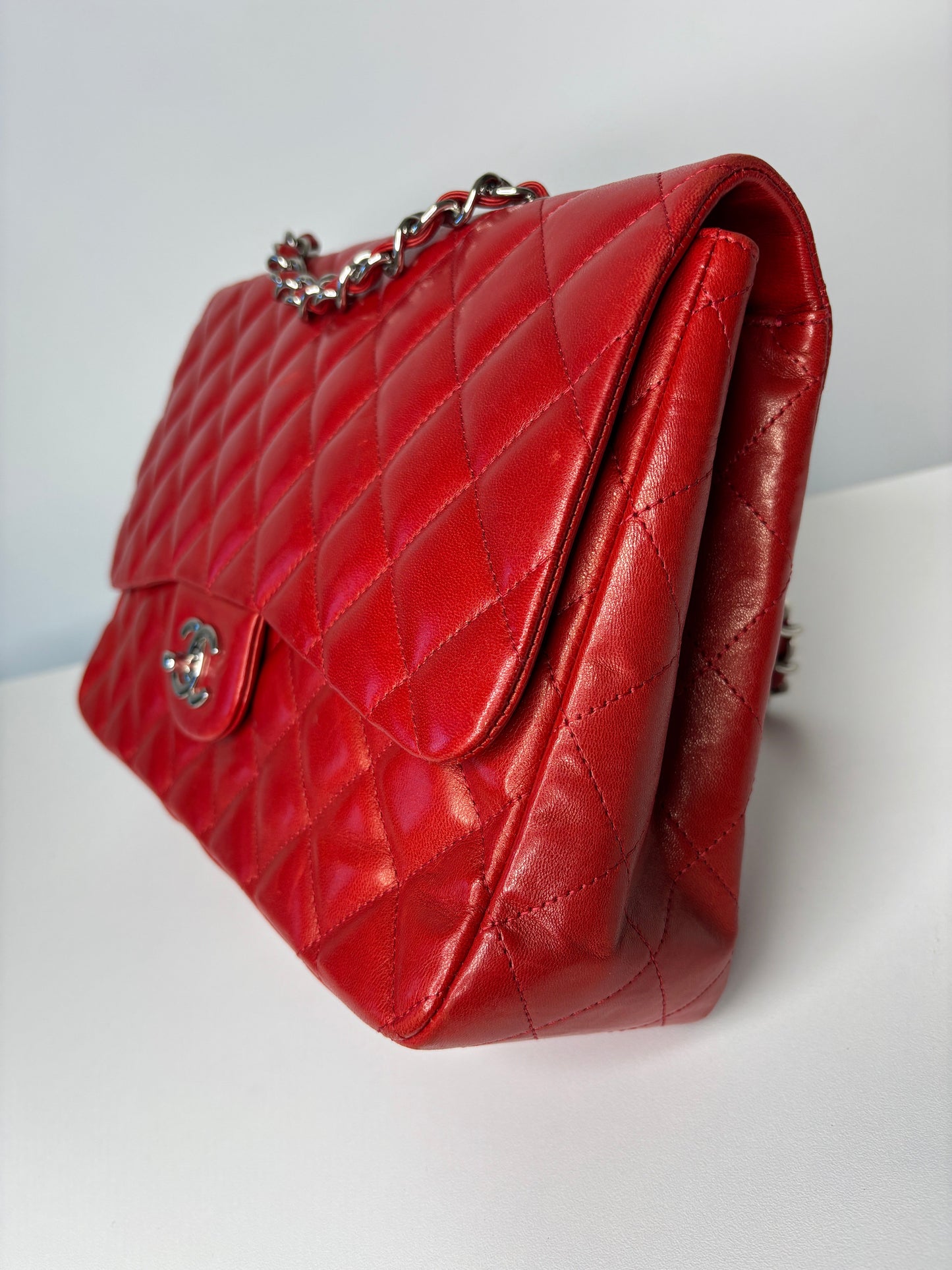 RESERVED  for 24 hrs - Chanel Jumbo Red Lambskin Classic Single Flap Shoulder Bag - Preloved