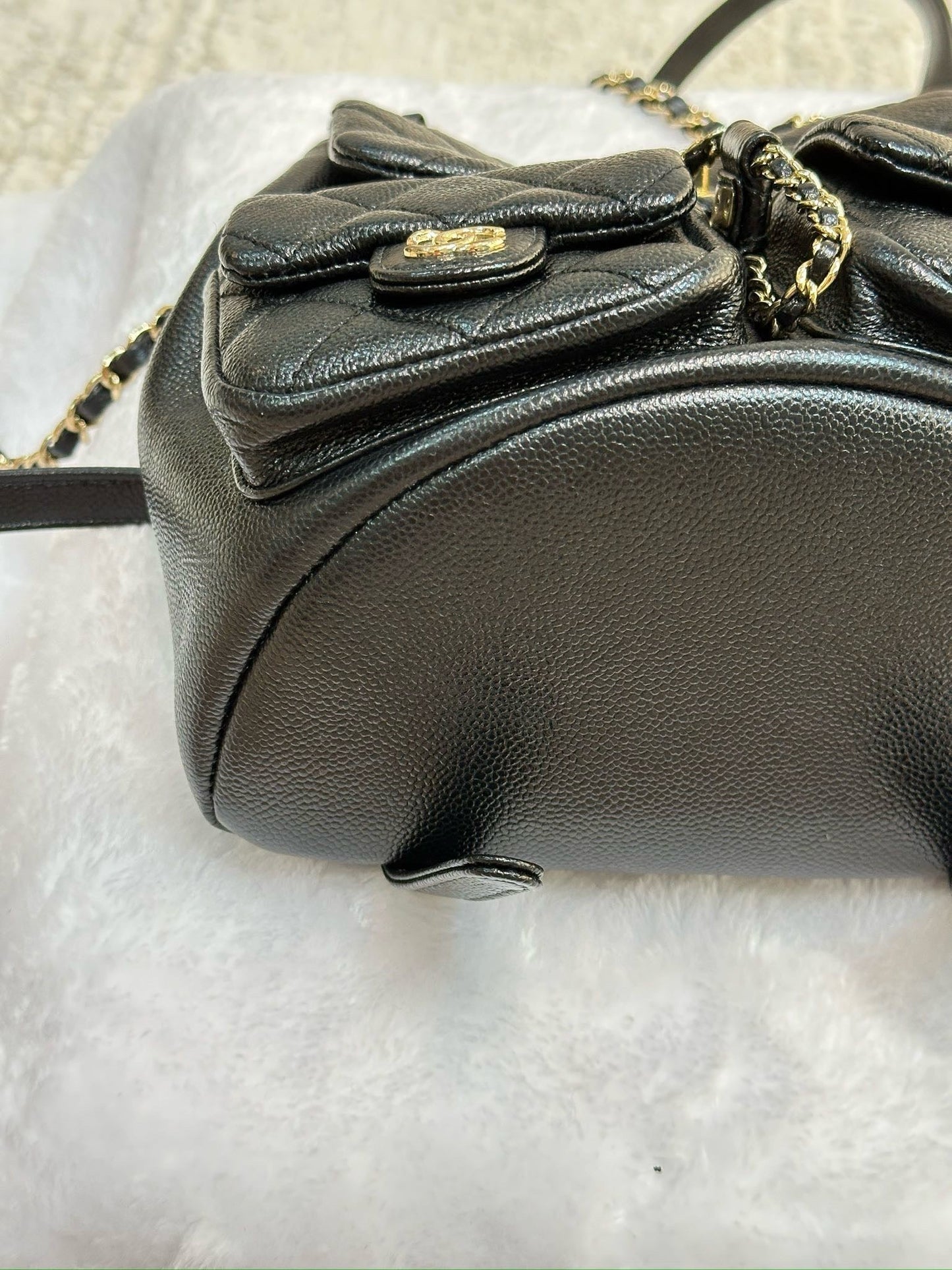 Chanel 23P Small Shiny Caviar Quilted Duma Pockets Drawstring Backpack Black GHW