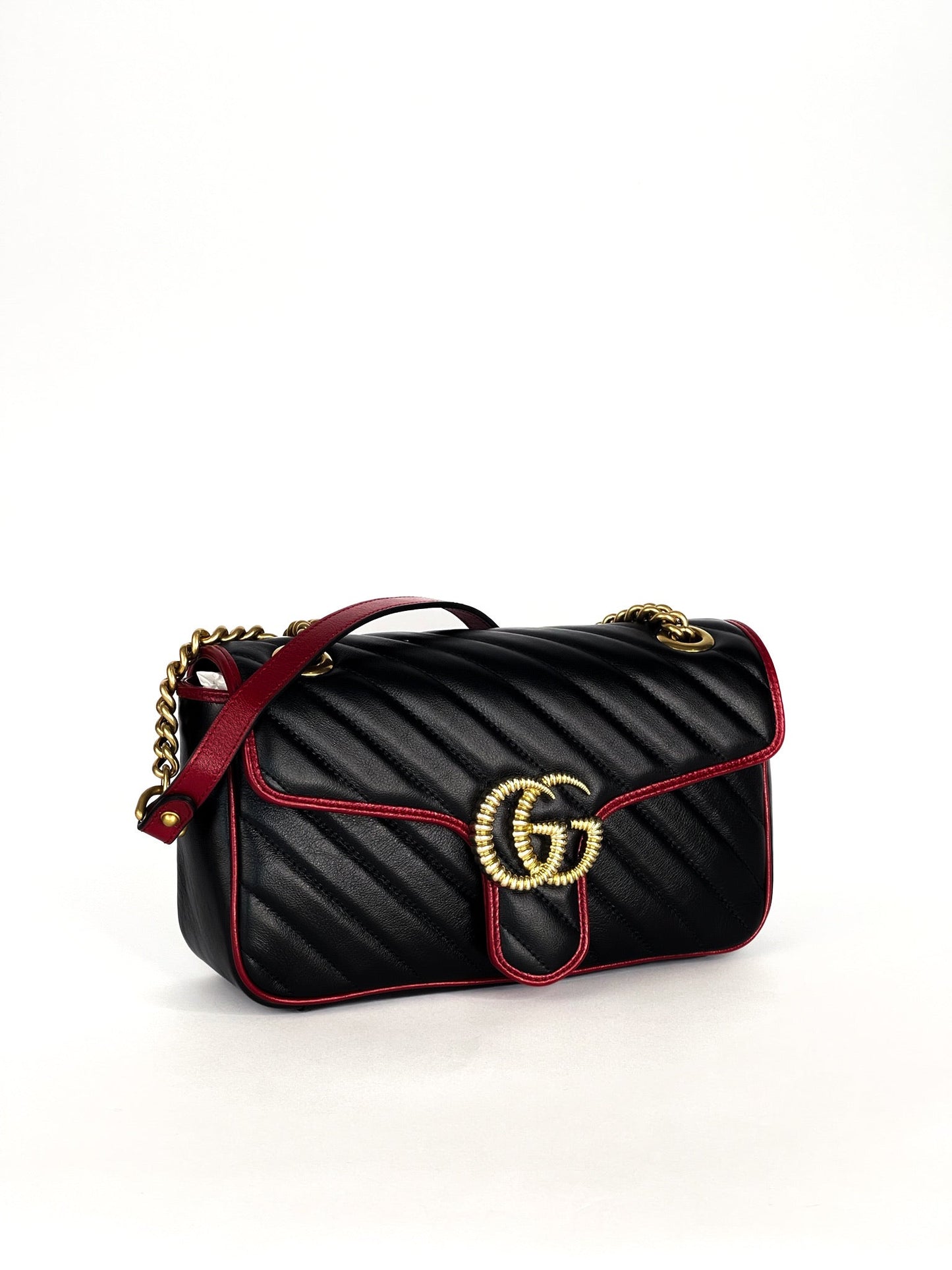 Gucci Calfskin Matelasse Diagonal Small Torchon GG Marmont Shoulder Bag Black Romantic Cherry
