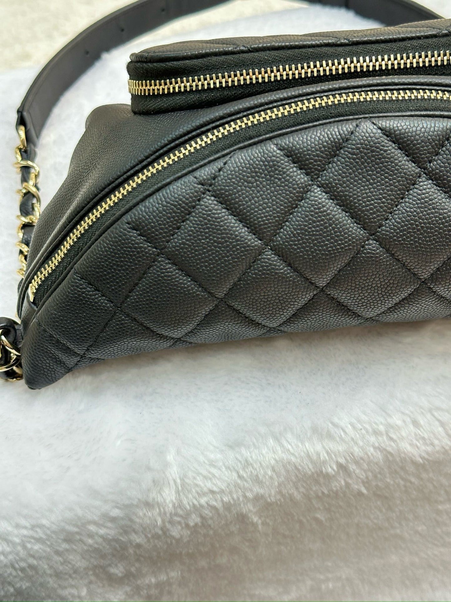 Chanel Black Quilted Caviar Leather Business Affinity Waist Belt Bag 27 holo card